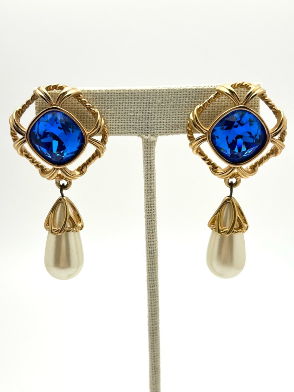 Swarovski Blue Crystal and Pearl Drop Earrings